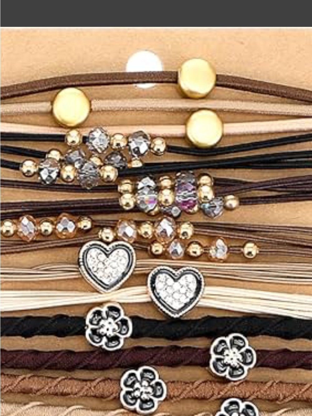 Women’s Multi-Pack Heart & Bead Elastic Hair Ties – Black, brown and Cream